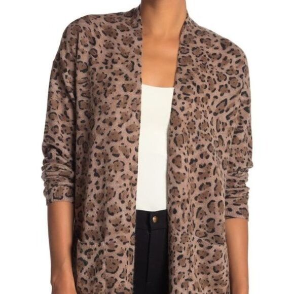 M by Magaschoni Cashmere Leopard Print Open Cardigan Sweater XS Brown NWT - Picture 1 of 10